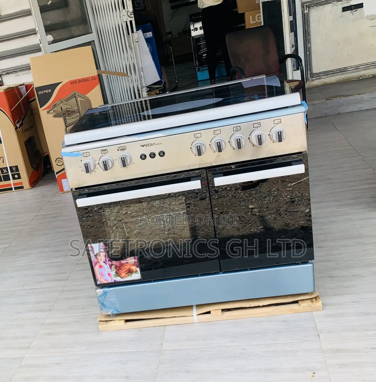 Sealed Grey Midea 90×60 5 Gas Cooker Grill Rotisserie Auto Ignition,
