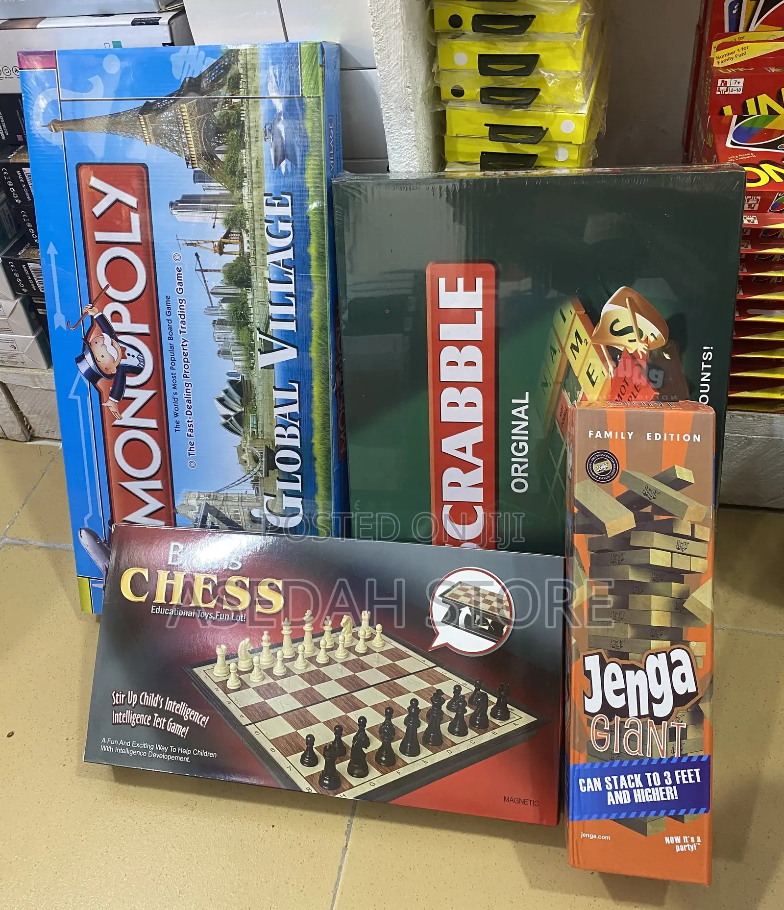 Jenga, Monopoly, Scrabble and Chess Games