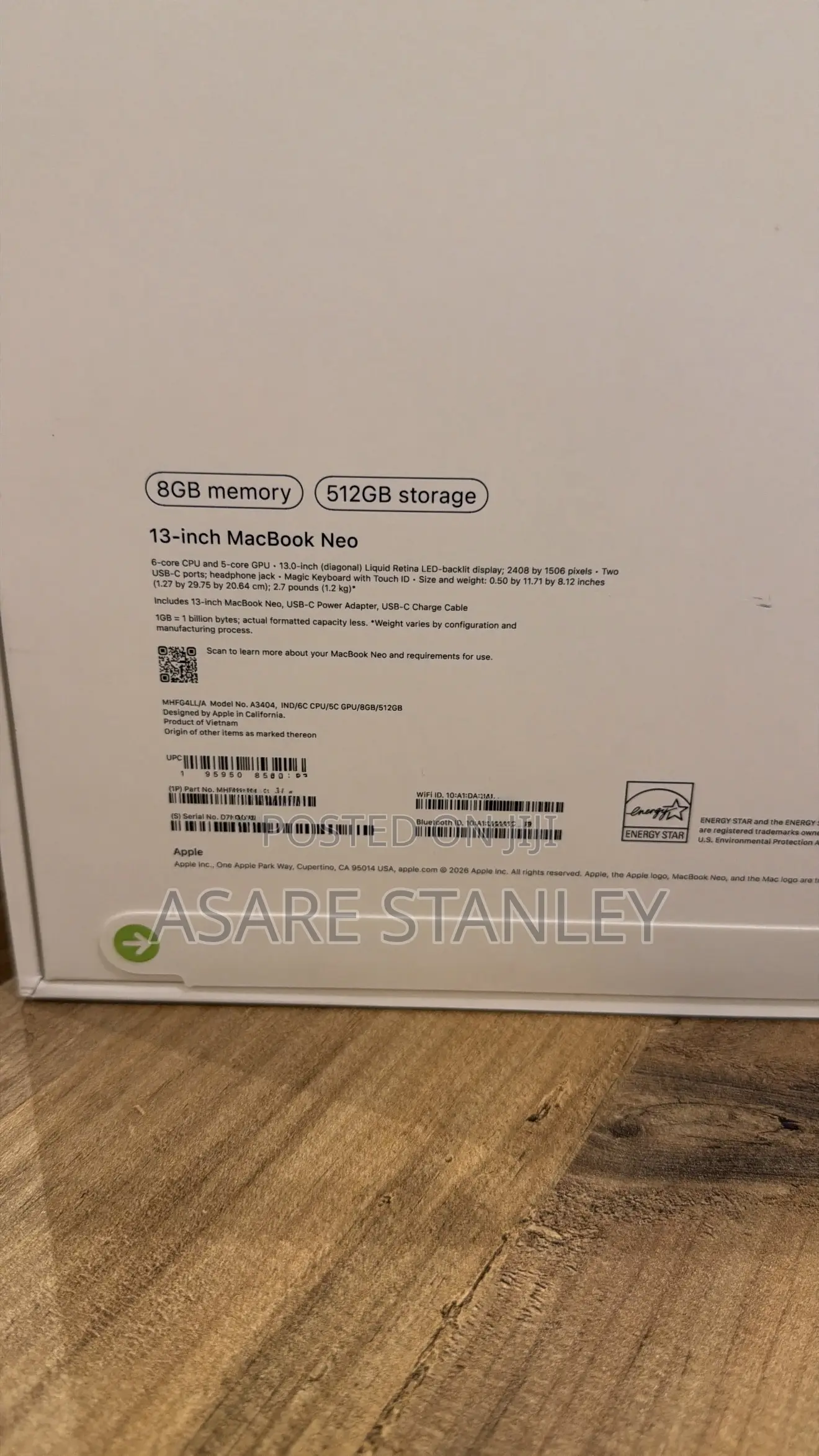 New Laptop Apple MacBook Neo 2026 8GB SSD 512GB
