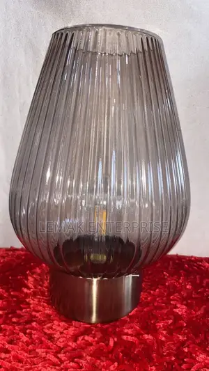 33cm Led Glass Footed Ridged Bedside/Table Lamp- Brass Effect Base