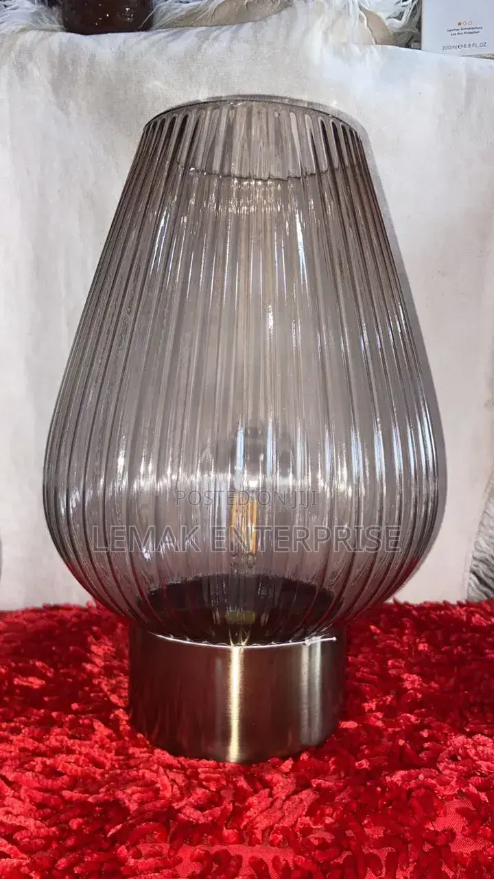 33cm Led Glass Footed Ridged Bedside/Table Lamp- Brass Effect Base
