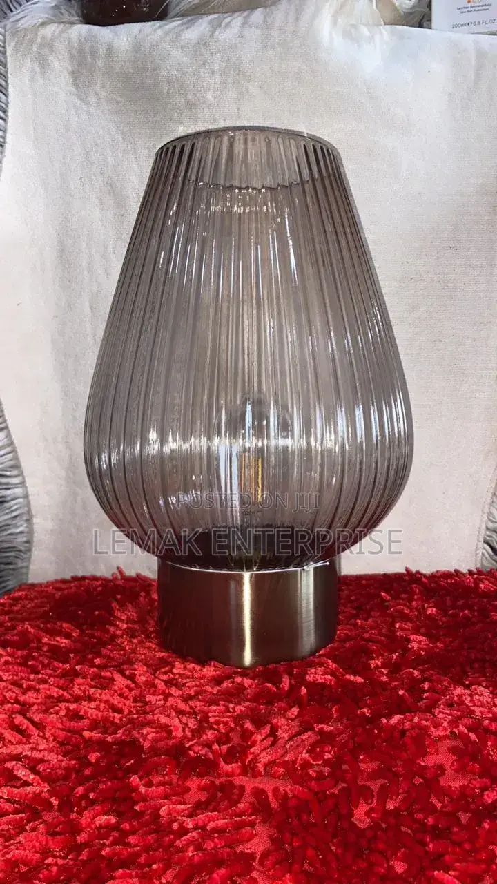 33cm Led Glass Footed Ridged Bedside/Table Lamp- Brass Effect Base