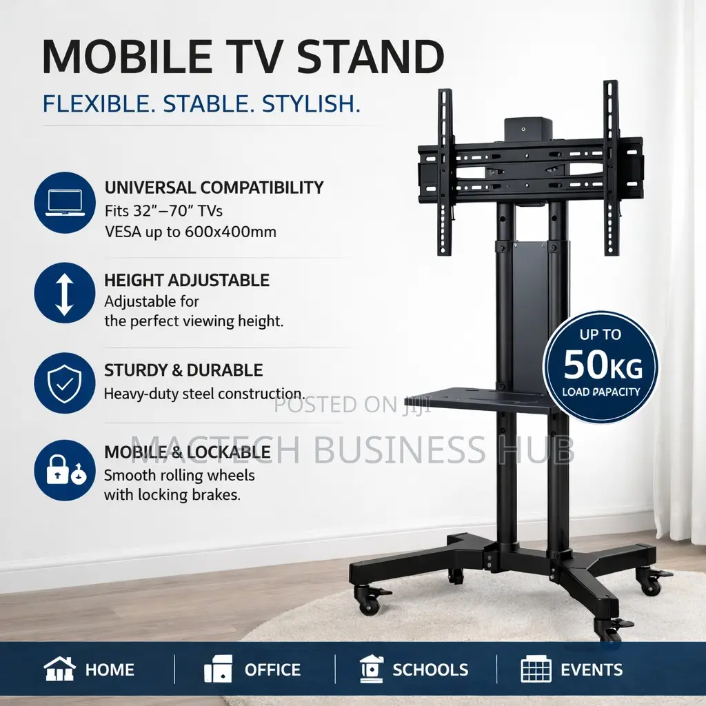 Mobile Tv Stand – Adjustable Height, 32"–70" Tvs