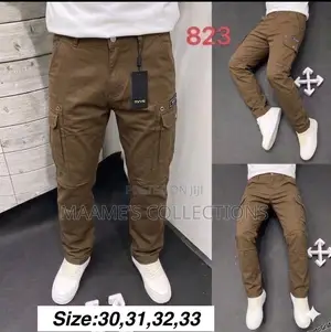 Men’S Khaki Cotton Cargo Pants With Side Pockets