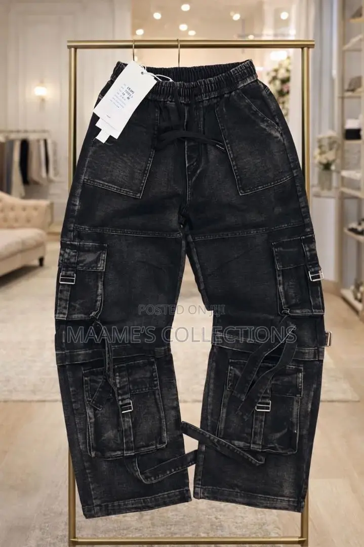 Men’S Black Baggy Cargo Denim Pants