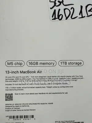 New Laptop Apple MacBook Air 2026 M5 13-inch 16GB Apple M5 SSD 1T