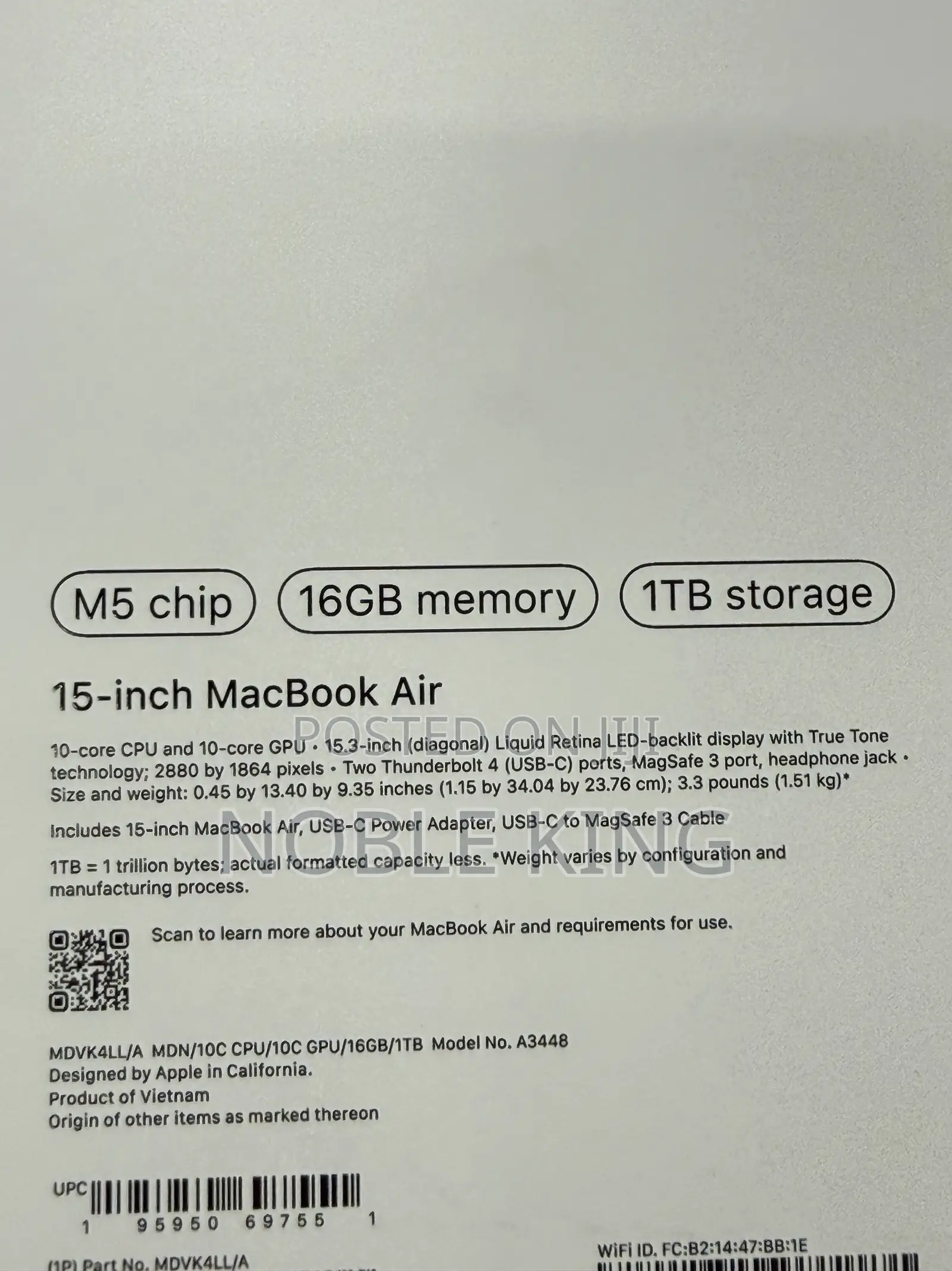 New Laptop Apple MacBook Air 2026 M5 15-inch 16GB Apple M5 SSD 1T