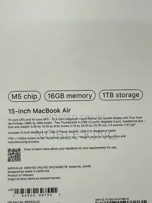 New Laptop Apple MacBook Air 2026 M5 15-inch 16GB Apple M5 SSD 1T