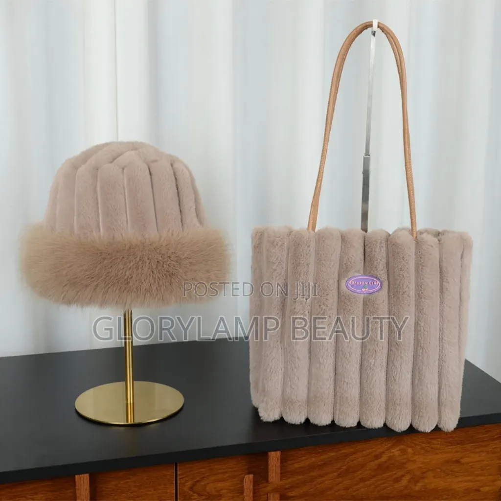 Women's Luxury Faux Fur Bucket Hat And Tote Bag 2-piece Set – Black