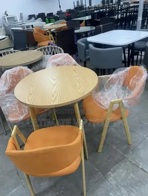 Scandinavian Round Wood Table Set With 3 Orange Upholstered Chairs