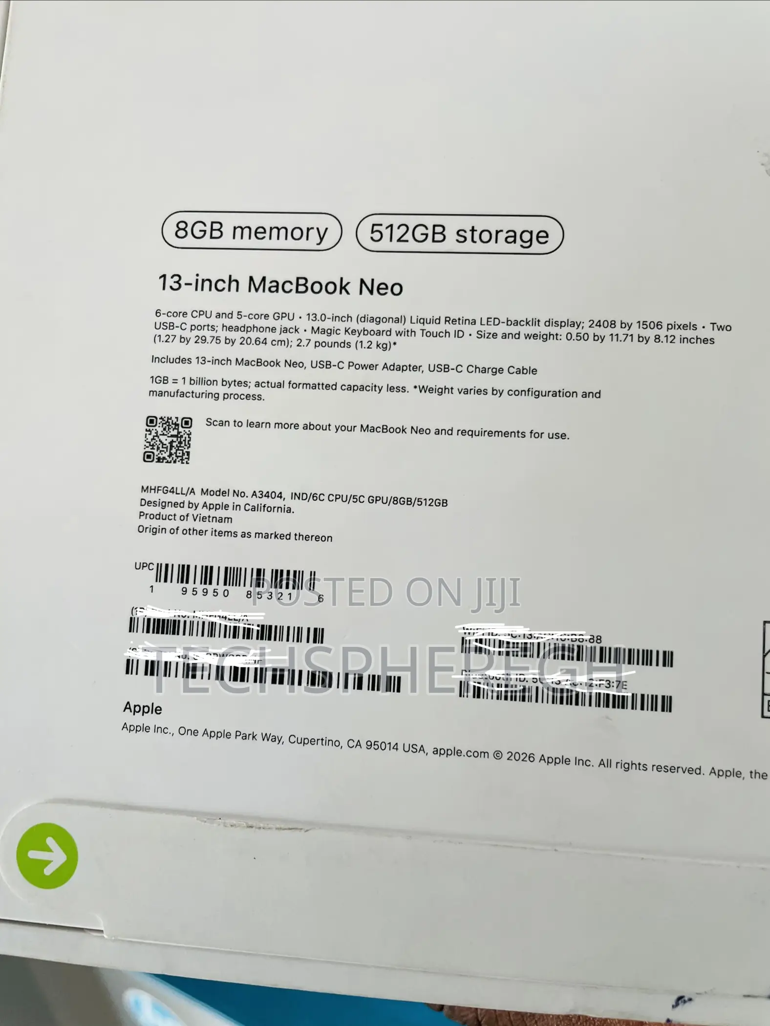 New Laptop Apple MacBook Neo 2026 8GB Intel Core i5 SSD 512GB