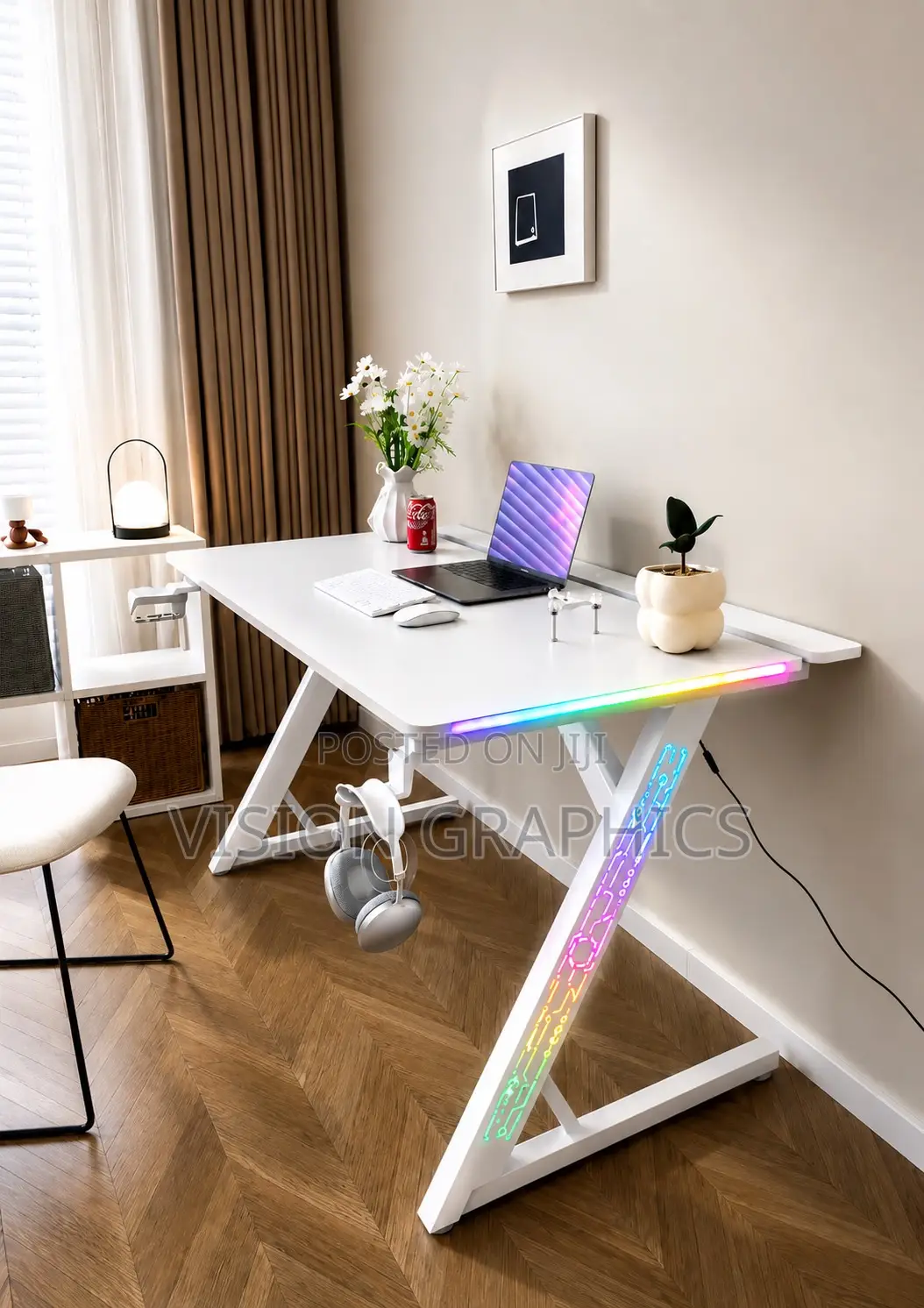 White Modern Carbon Fibre Argb Gaming Computer Desk/Table With Remote