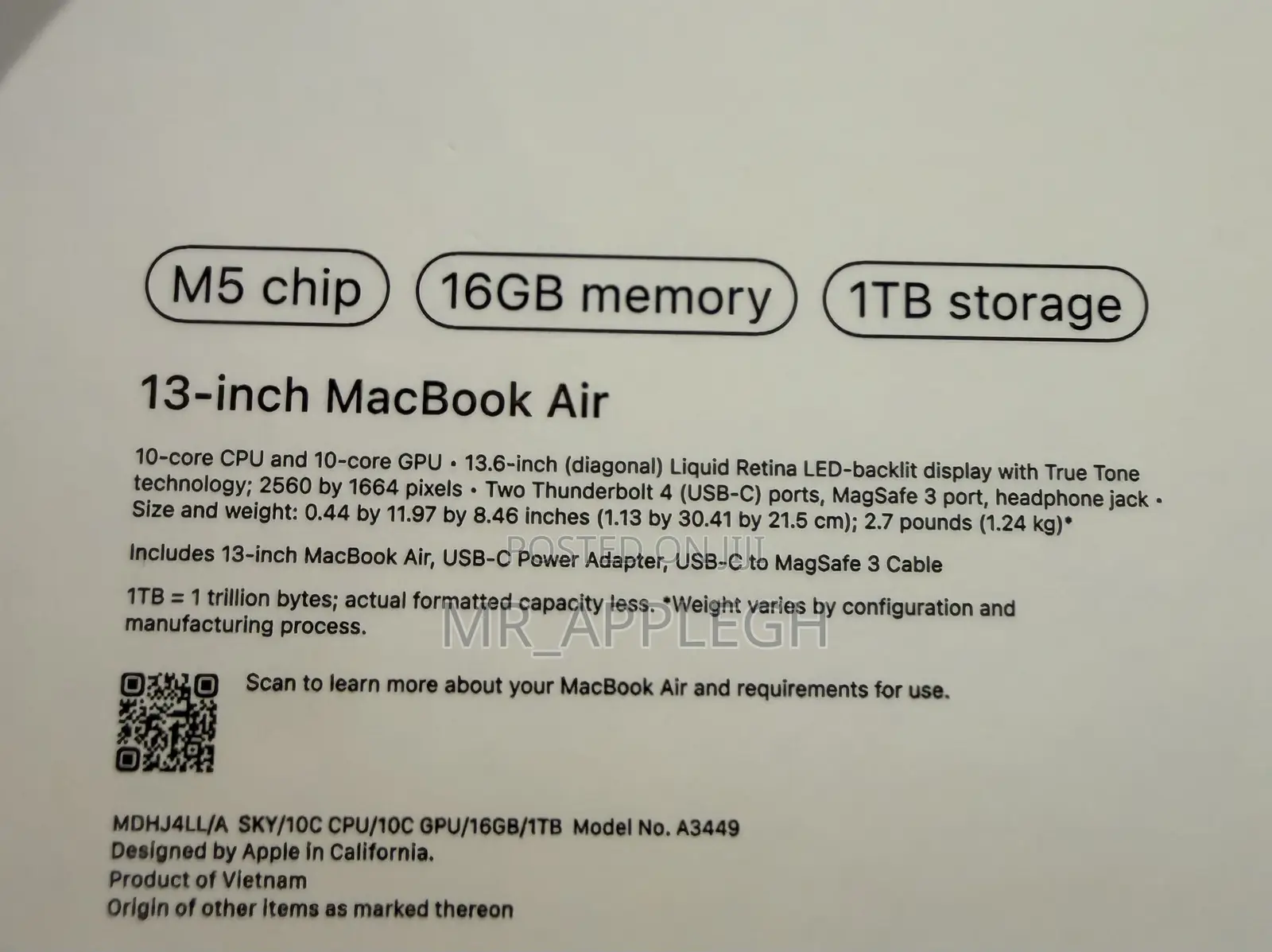 New Laptop Apple MacBook Air 2026 M5 13-inch 16GB Apple M5 SSD 1T
