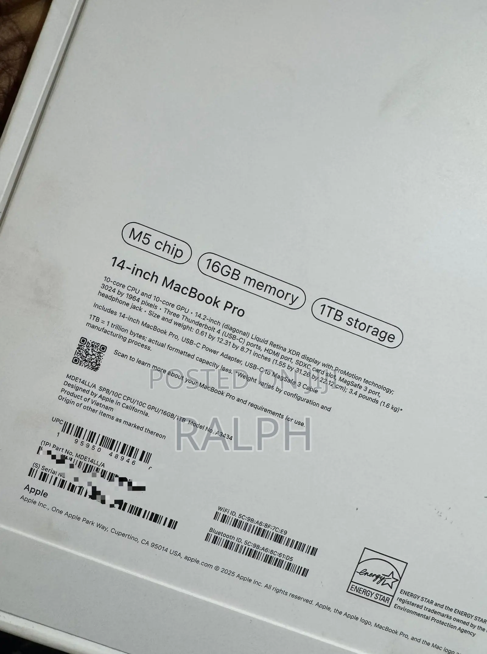 New Laptop Apple MacBook Pro 2025 M5 16GB Apple M5 SSD 1T