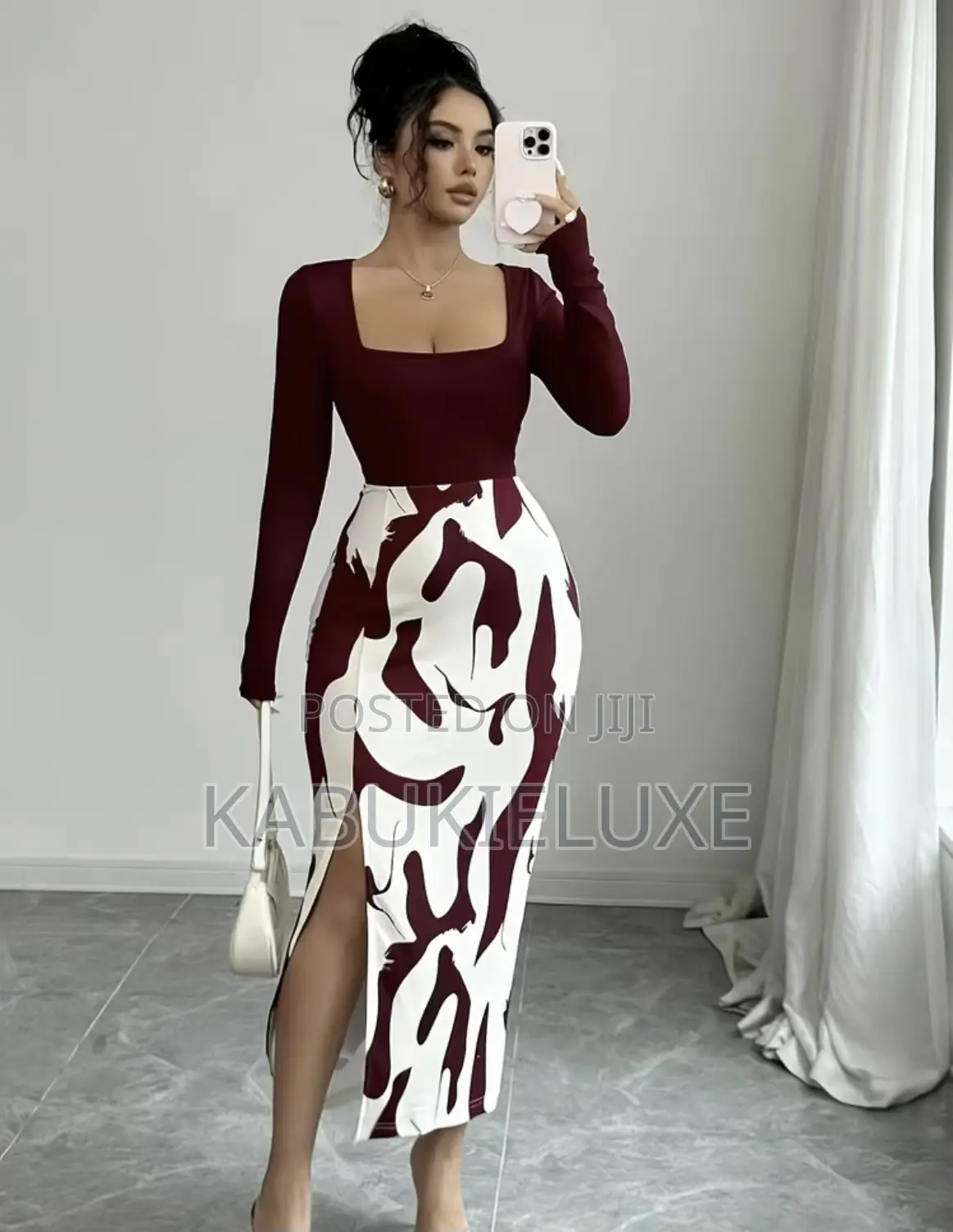 Burgundy Abstract Print Midi Dress