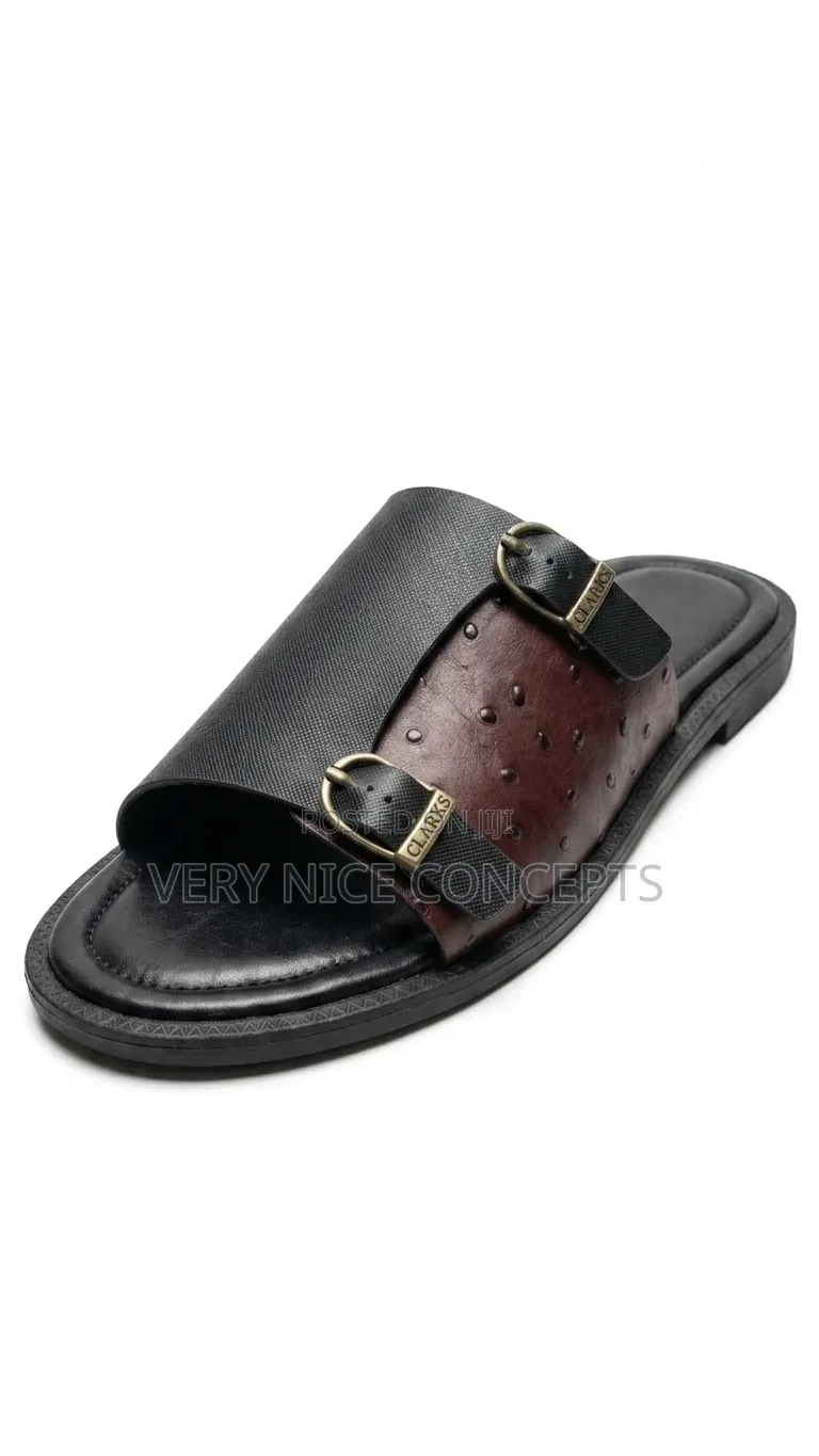 Luxury Ostrich Pattern Leather Slides - Men's Buckle Design