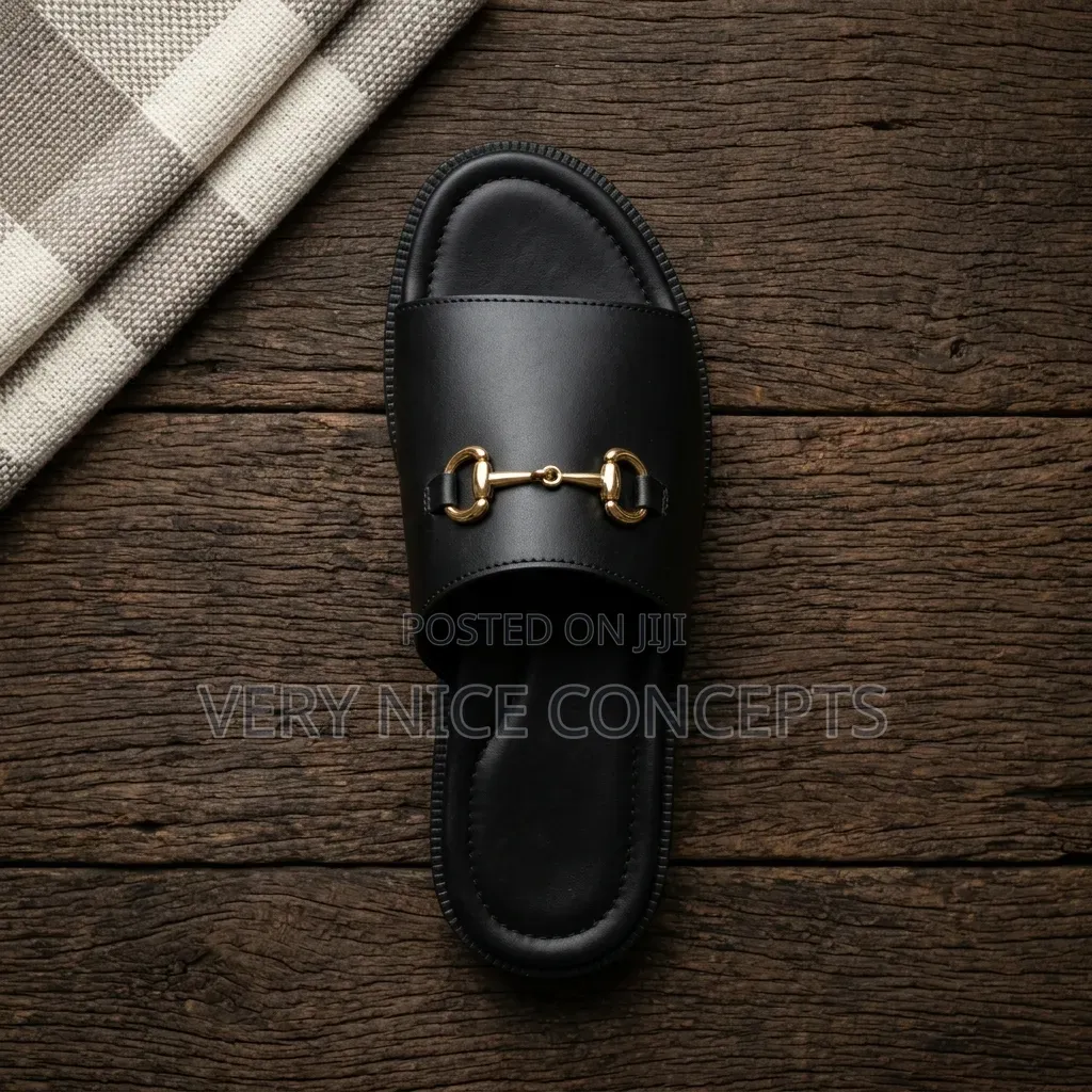 Men's Black Leather Slides - Church Funeral