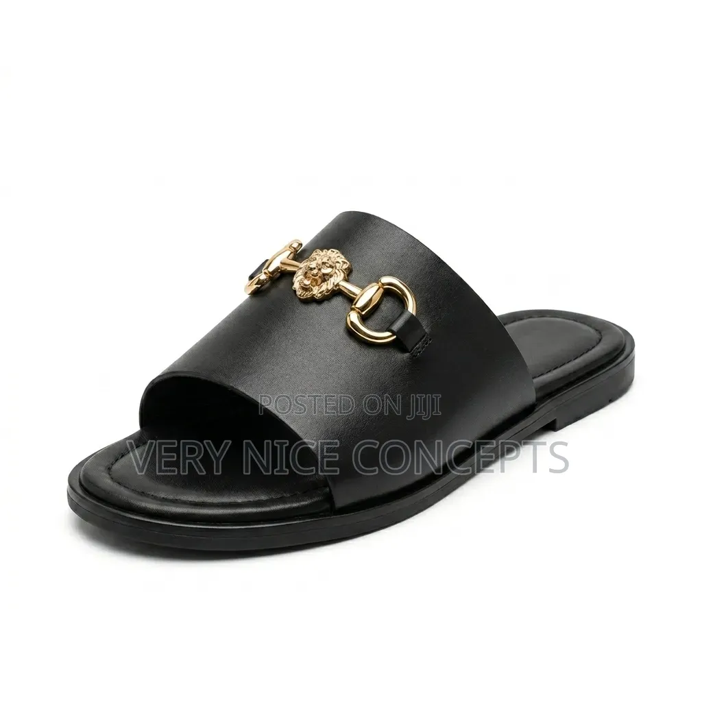 Men's Black Leather Slides - Church Funeral