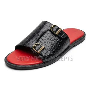 Quality Black Crocodile Leather Slippers With Red Base