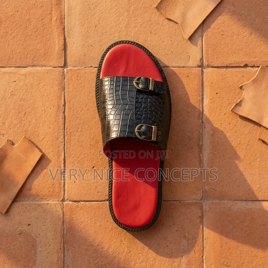 Quality Black Crocodile Leather Slippers With Red Base