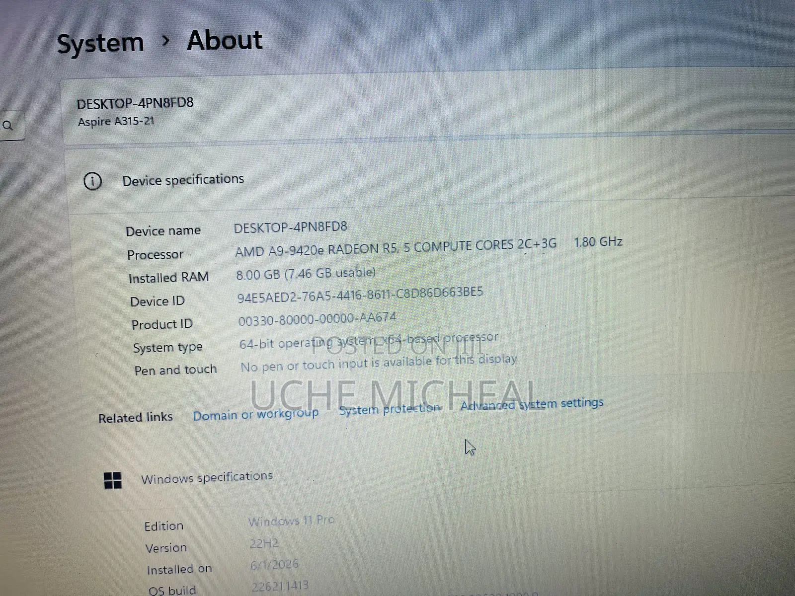 Laptop Acer Aspire A315 21 8GB AMD A8 SSD 128GB