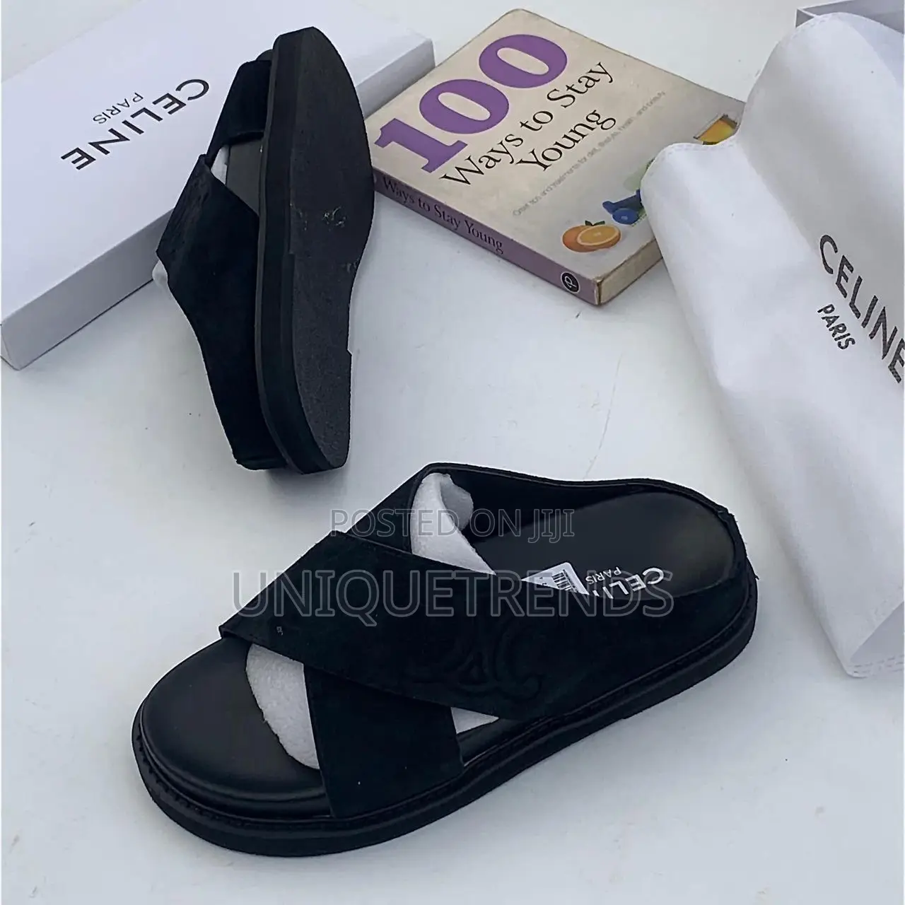 Quality Celine Crossover Suede Leather Slippers (Black)