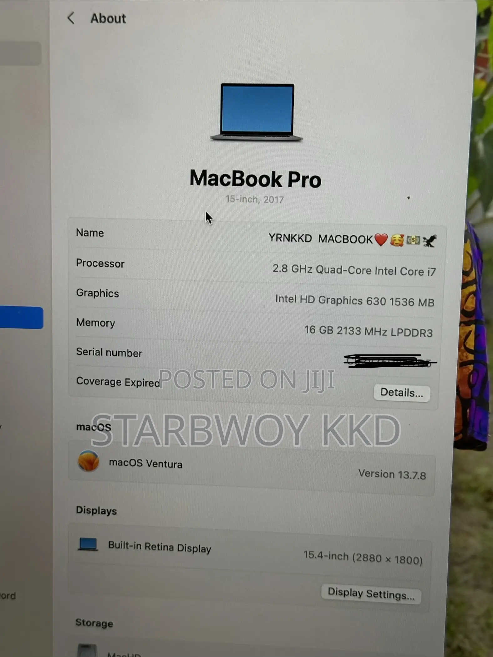 Laptop Apple MacBook Pro 2017 16GB Intel Core i7 SSD 256GB
