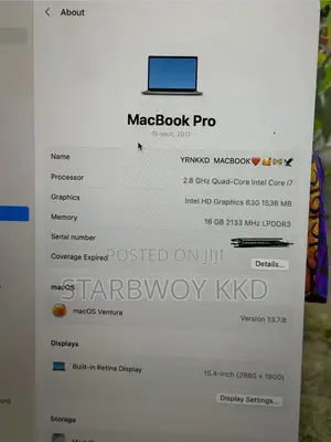 Laptop Apple MacBook Pro 2017 16GB Intel Core i7 SSD 256GB