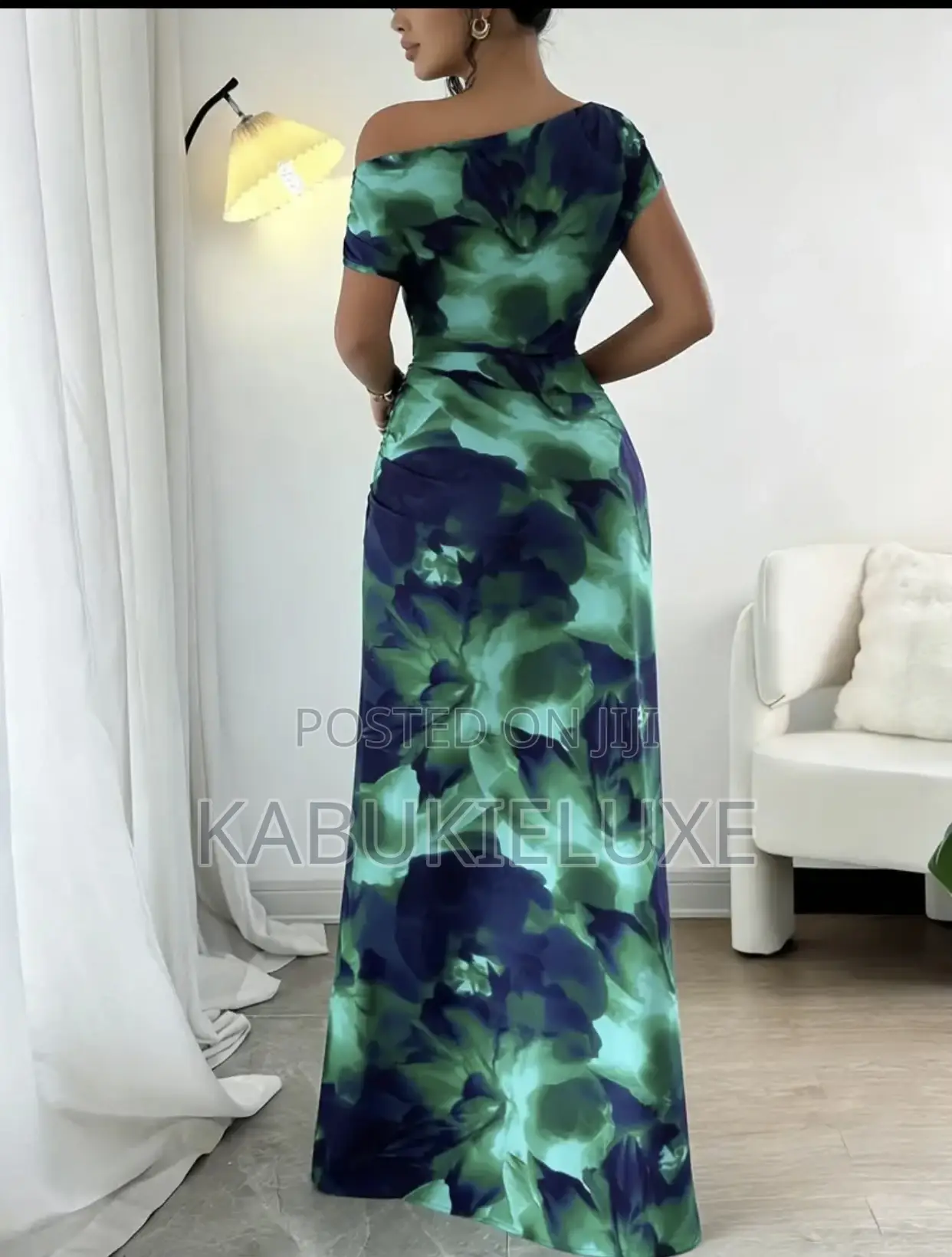 Emerald Bloom Off-Shoulder Maxi Dress