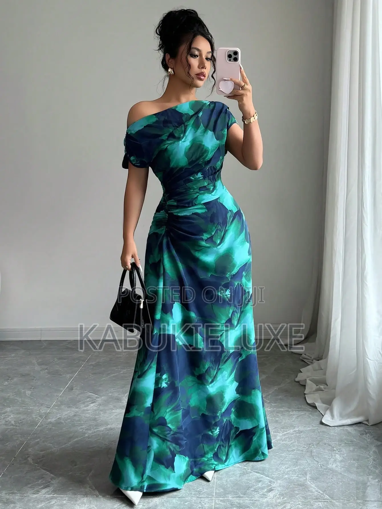 Emerald Bloom Off-Shoulder Maxi Dress