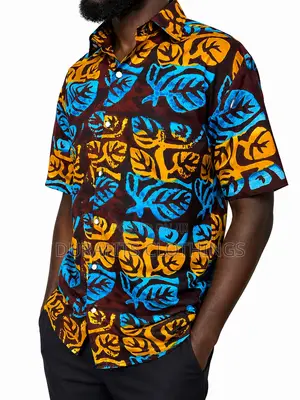 Men’S Premium African Print Short Sleeve Shirt - Leaf Pattern