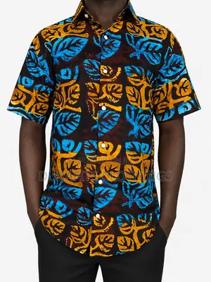 Men’S Premium African Print Short Sleeve Shirt - Leaf Pattern