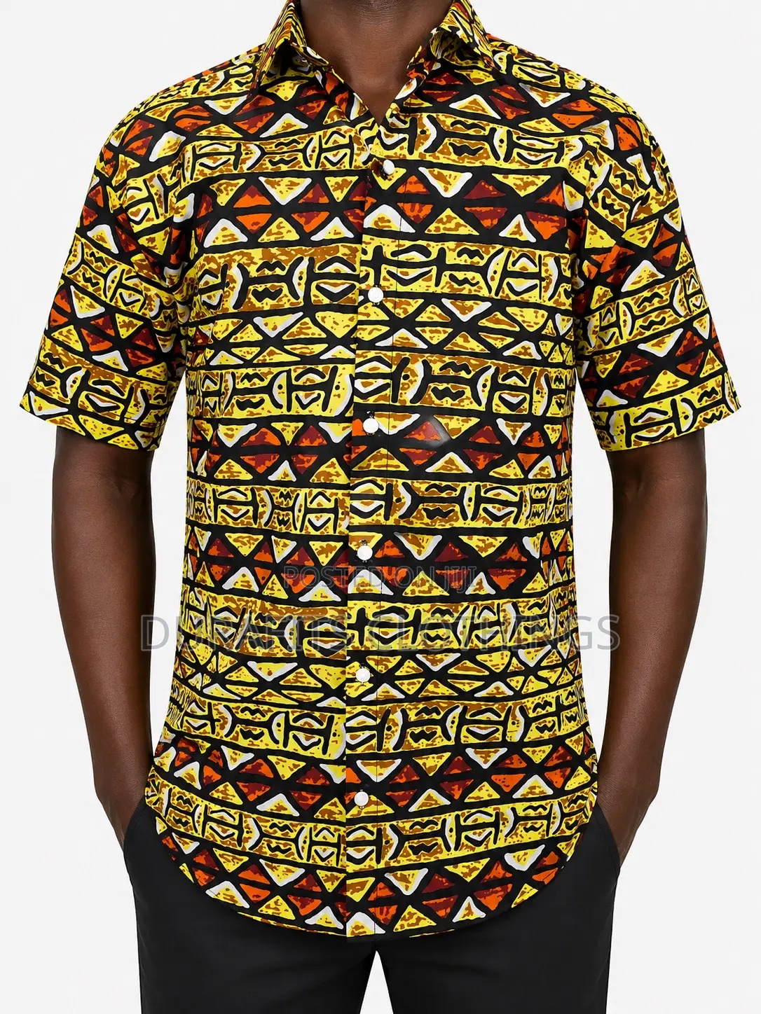 Men's African Print Short Sleeve Shirt - Yellow Orange