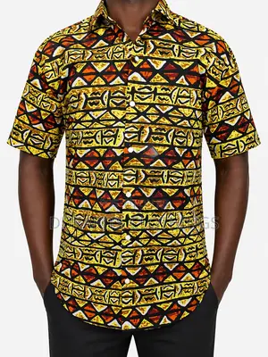 Men's African Print Short Sleeve Shirt - Yellow Orange