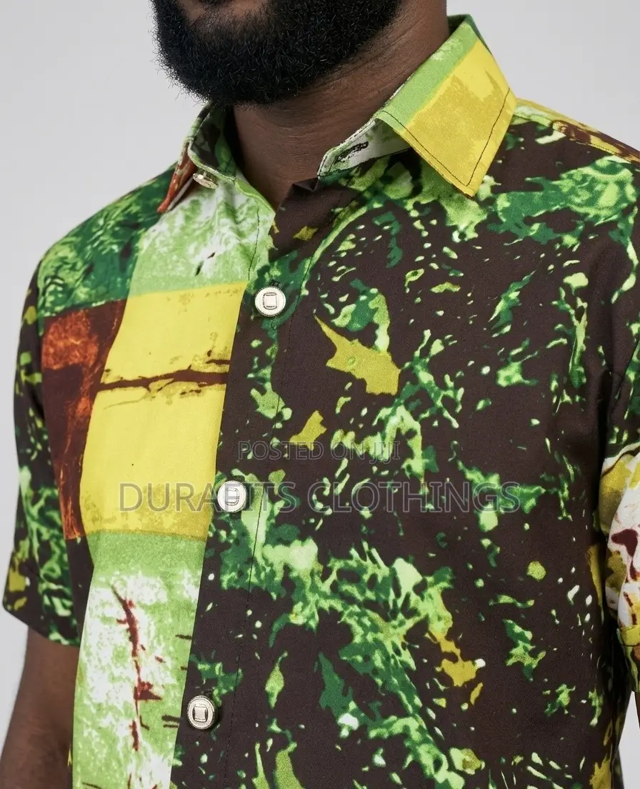 Premium Ankara Button-Down Shirt for Men - Green Earth To