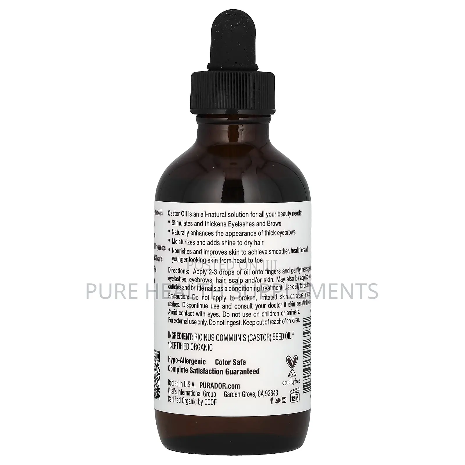 Pura d'Or Organic Castor Oil, Hexane Free, 4 Fl Oz (118 Ml)