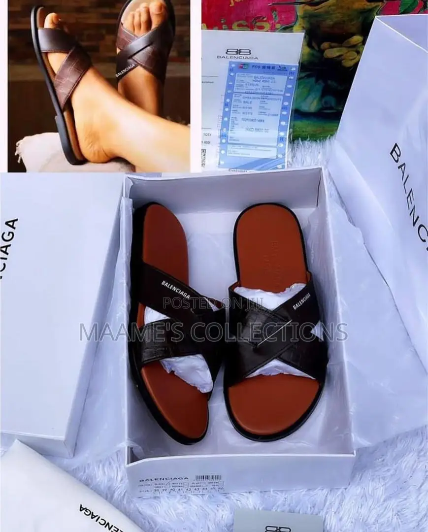 Balenciaga Men's Black Leather Slides / Slippers / Sandals