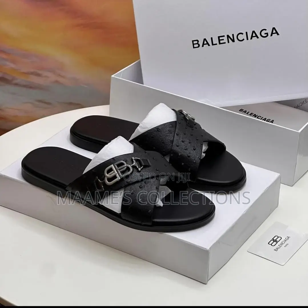 Balenciaga Men's Black Leather Slides / Slippers / Sandals