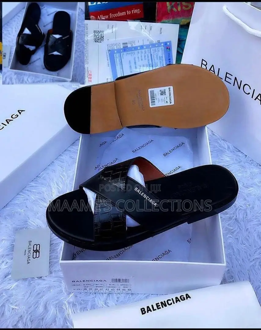 Balenciaga Men's Black Leather Slides / Slippers / Sandals