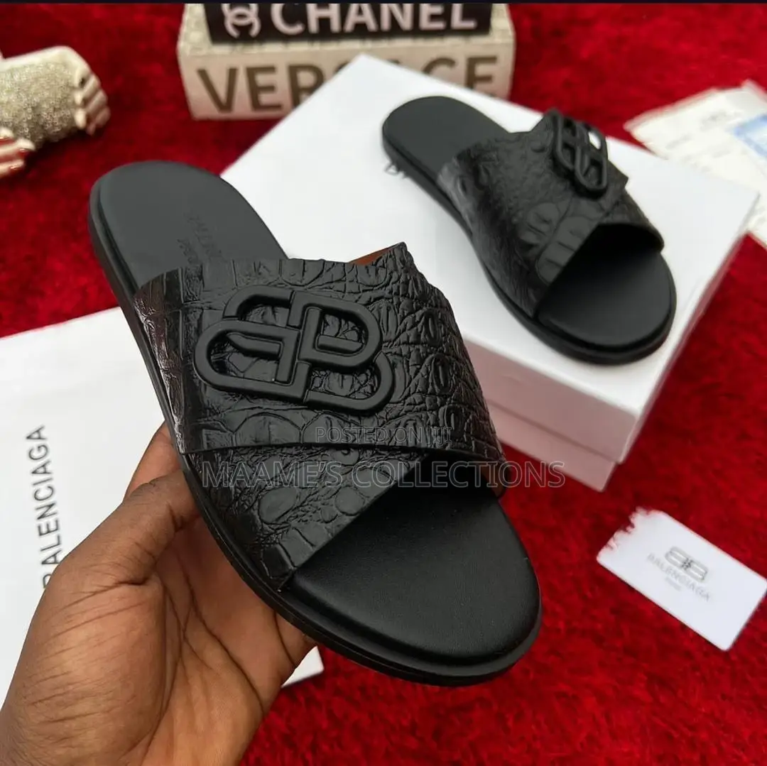 Balenciaga Men's Black Leather Slides / Slippers / Sandals