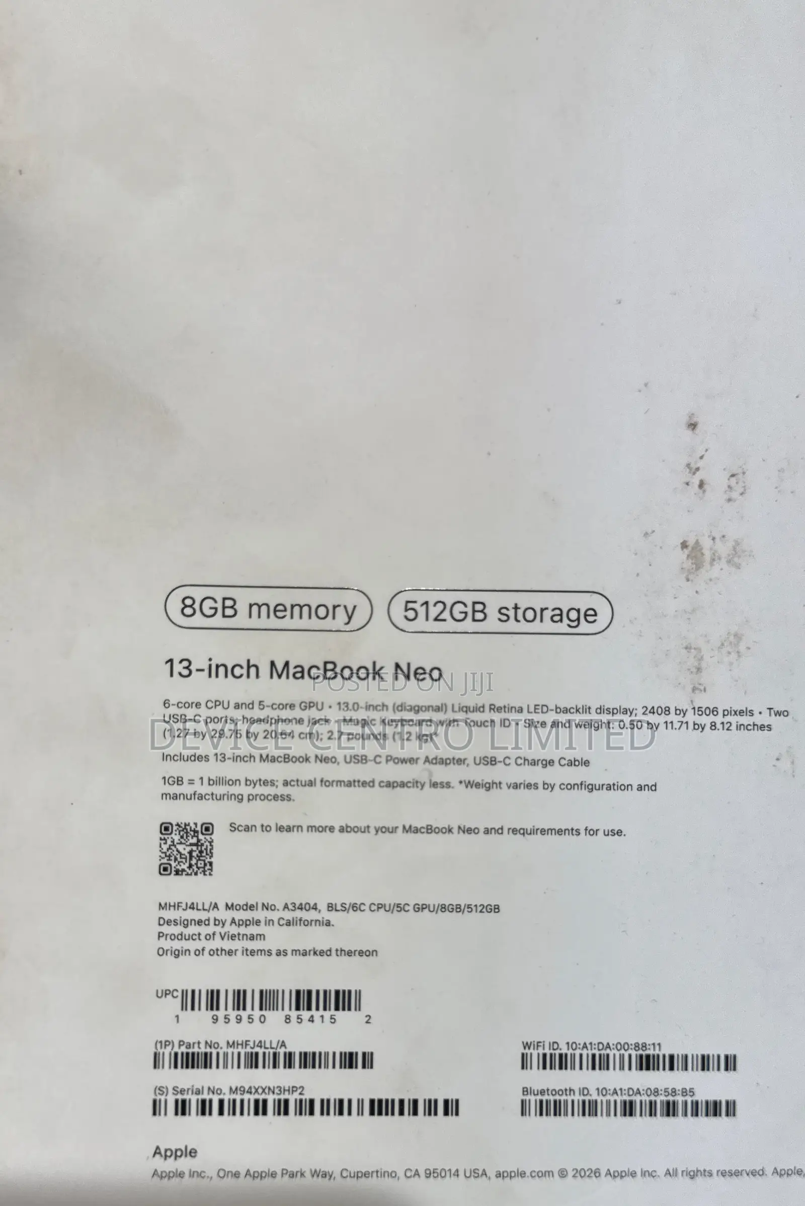 New Laptop Apple MacBook Neo 2026 8GB Apple M5 SSD 512GB