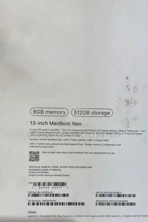 New Laptop Apple MacBook Neo 2026 8GB Apple M5 SSD 512GB
