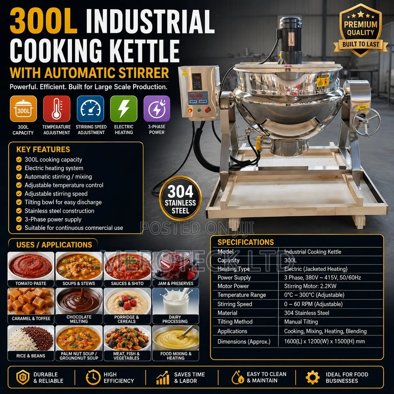 300l Industrial Electric Cooking Jack Kettle With Automatic Stirrer