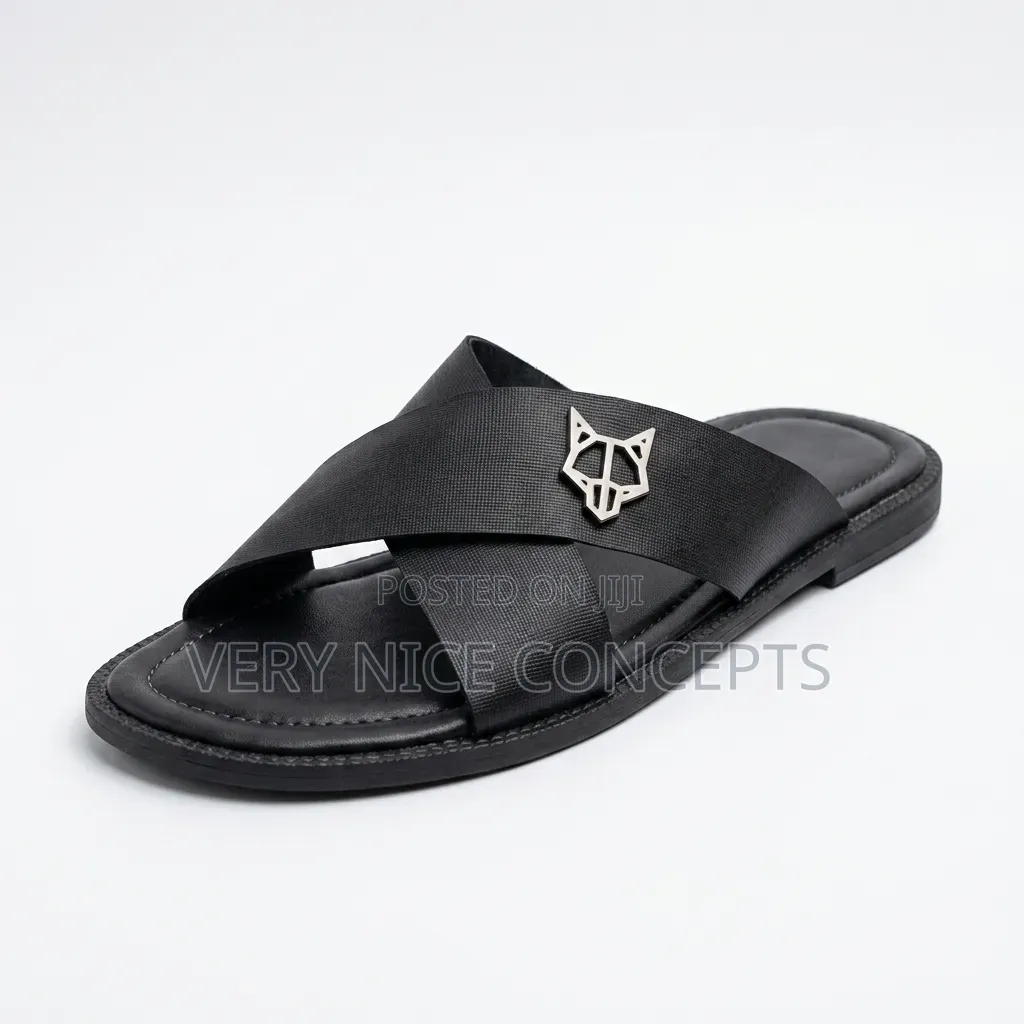 Men's Black Textured Slides - Silver Emblem Design