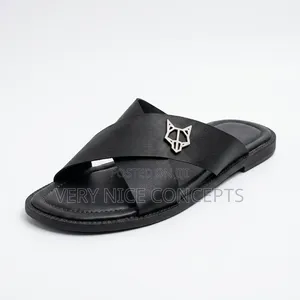 Men's Black Textured Slides - Silver Emblem Design