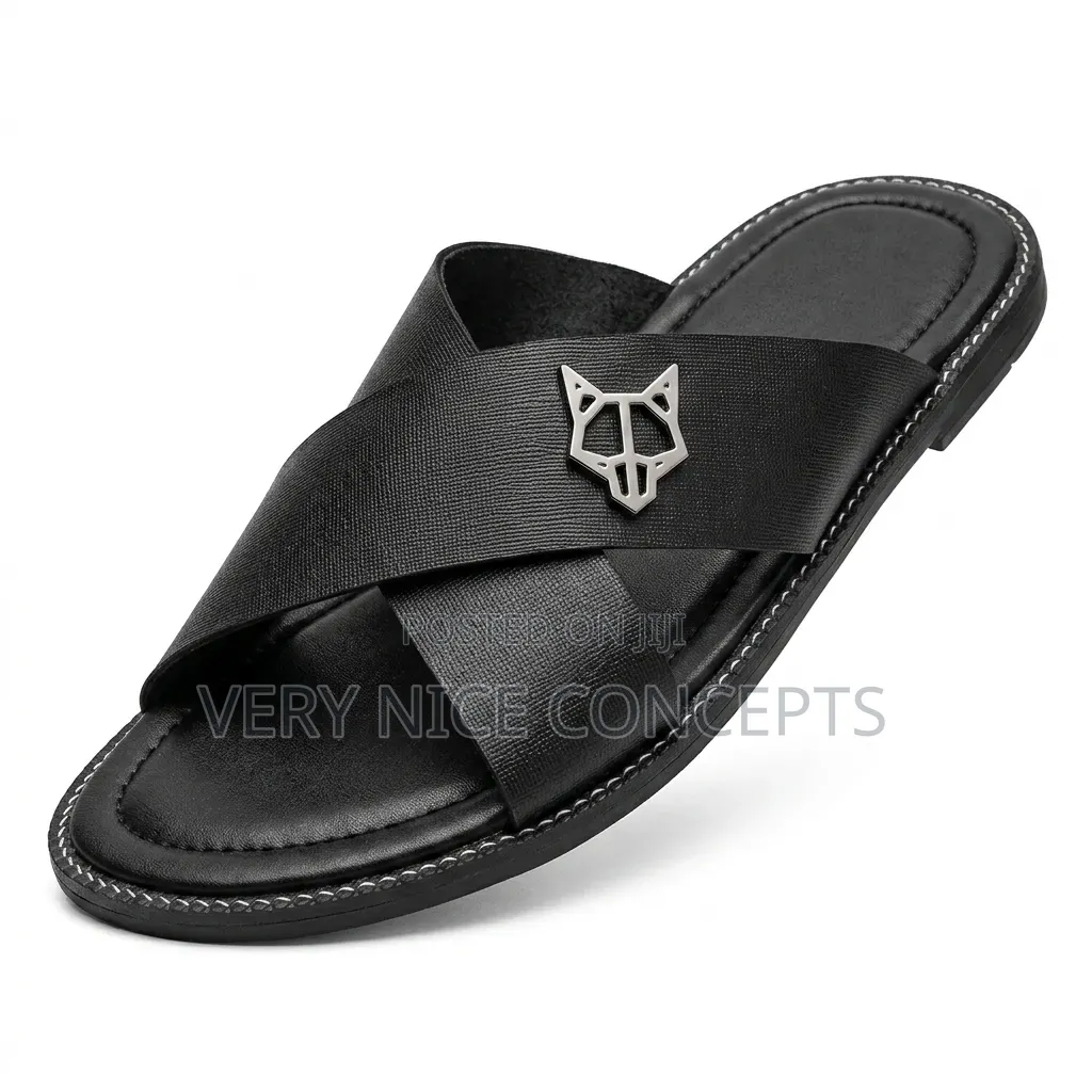 Men's Black Textured Slides - Silver Emblem Design