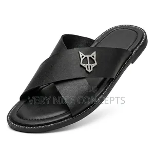 Men's Black Textured Slides - Silver Emblem Design