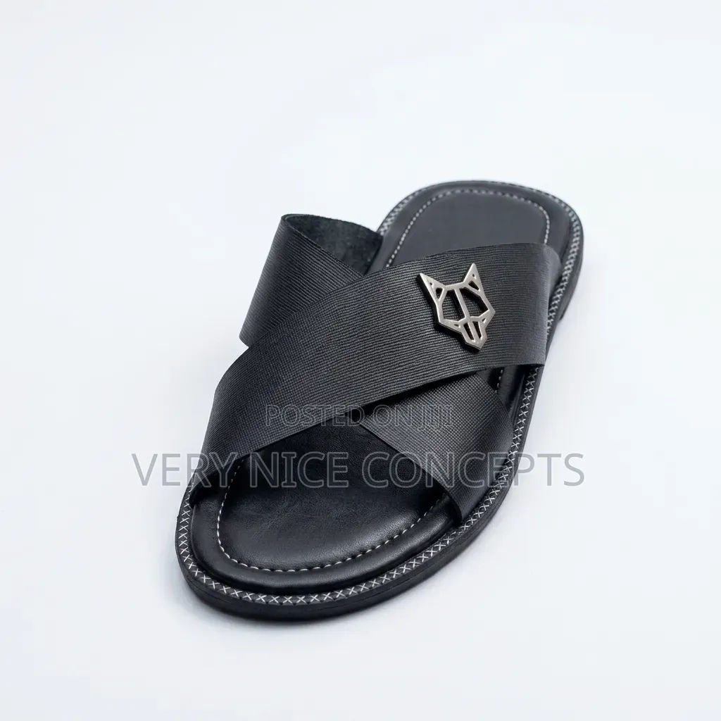 Men's Black Textured Slides - Silver Emblem Design