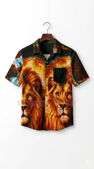 Vintage Lion Print Short Sleeve Casual Shirt