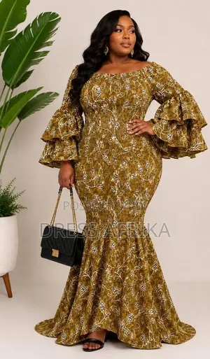 Elegant Olive Green African Print Smocked Mermaid Dress